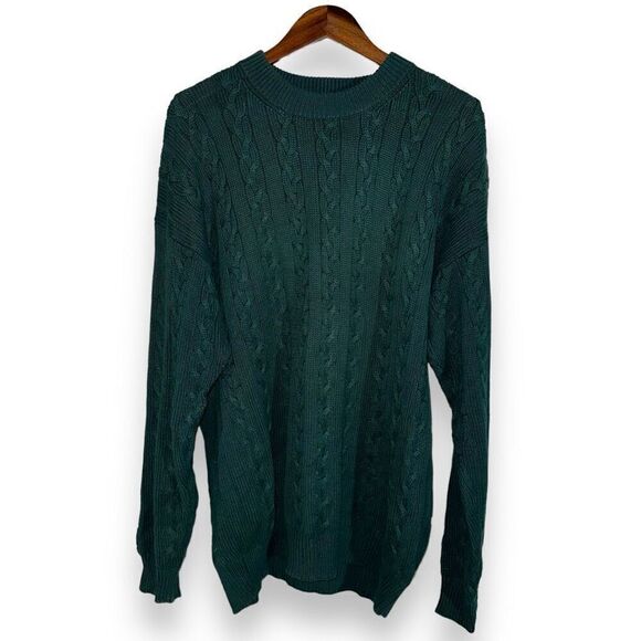 90s Nautica Forest Green Cableknit Fisherman’s Sweater XL - Picture 1 of 6
